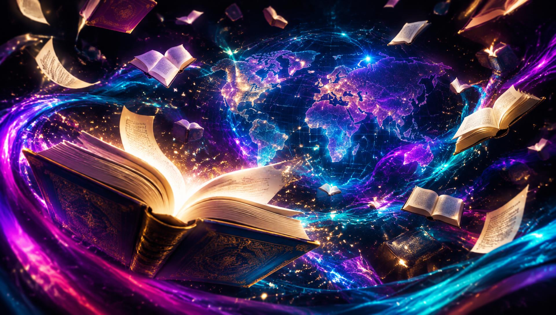 Books and light swirling around a glowing world map